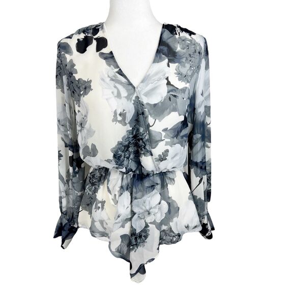 Vince Camuto Blouse Women Extra Small Cream Grey Floral Peplum Long Sleeve - Picture 1 of 14